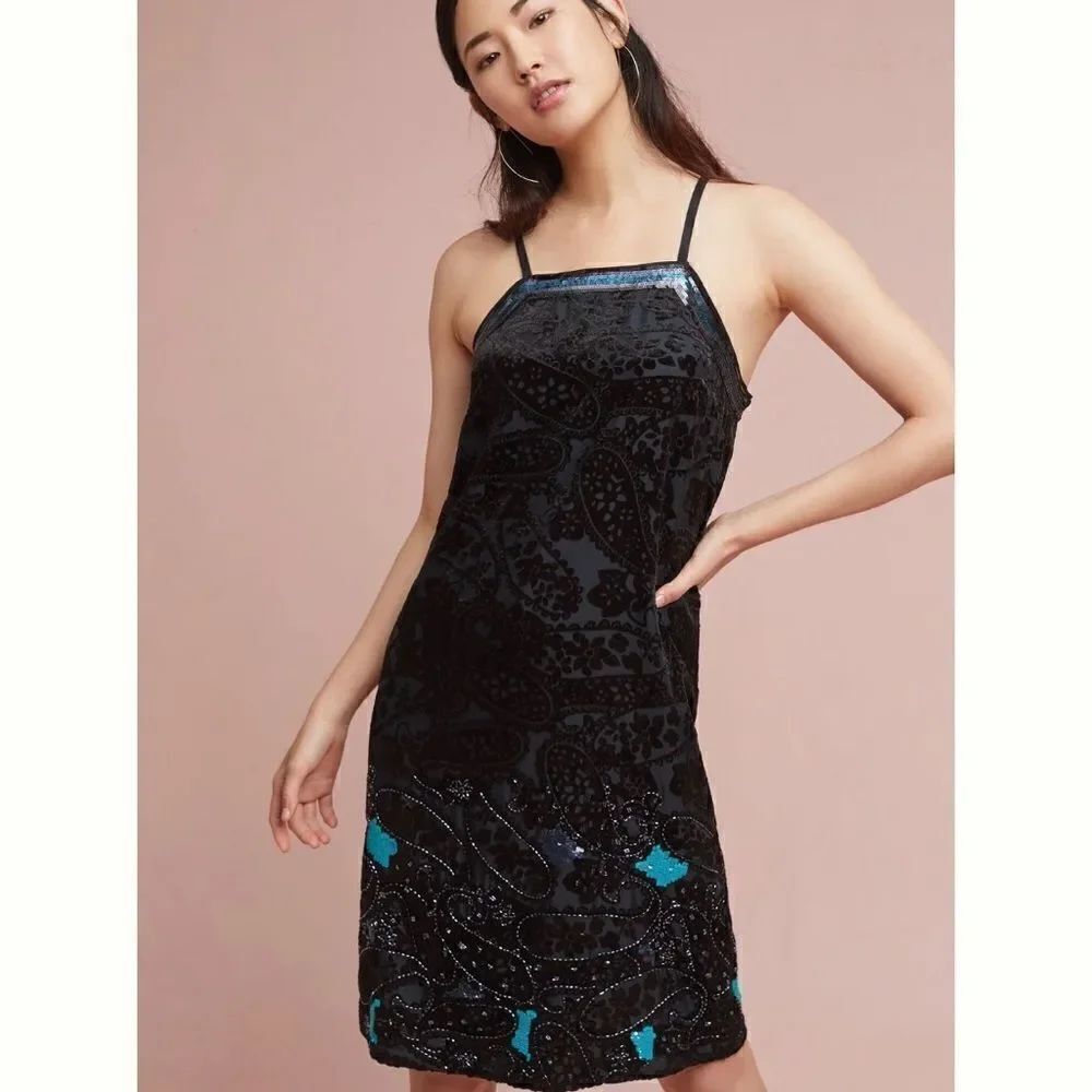 Imogen Embellished Slip Dress | Anthropologie | Size: 6P | Color: Black